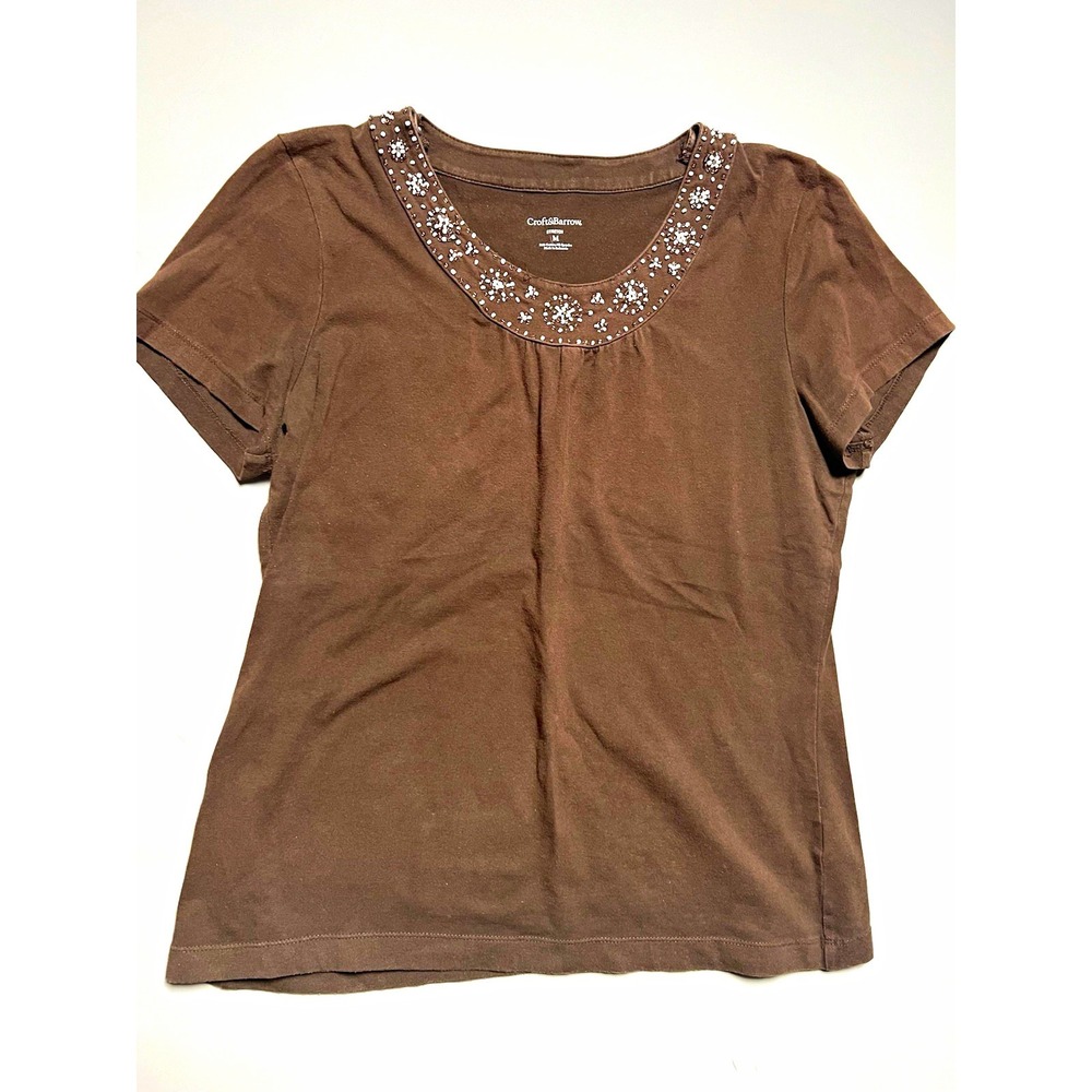 Croft & Barrow Women's M Brown‎ Knit Scoop Neck Short Sleeve Beaded Stretch Tee
